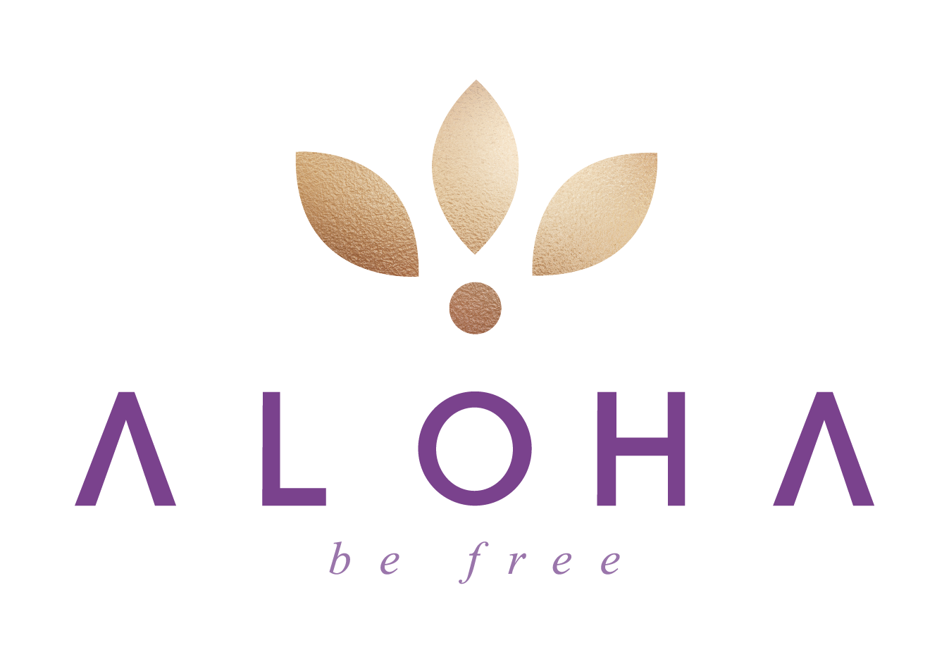 Aloha logo featuring a minimalist gold leaf design above the word 'ALOHA' in bold purple letters, with the slogan 'be free' written in elegant lowercase script beneath.