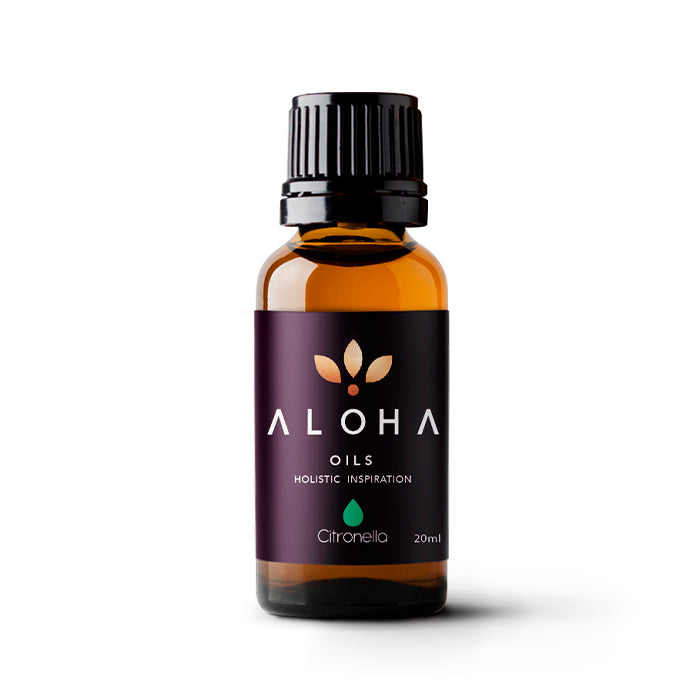 A 20ml amber glass bottle of Aloha Oils Citronella Java essential oil with a sleek black cap and a modern purple label featuring the Aloha Oils logo and the tagline 'Holistic Inspiration.'