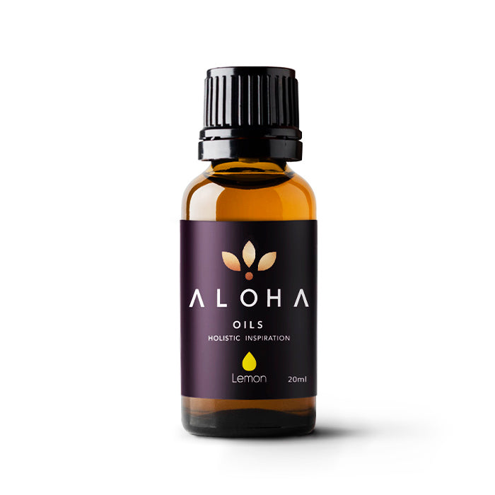 A 20ml amber glass bottle of Aloha Oils Lemon essential oil with a sleek black cap and a modern purple label featuring the Aloha Oils logo and the tagline 'Holistic Inspiration.'