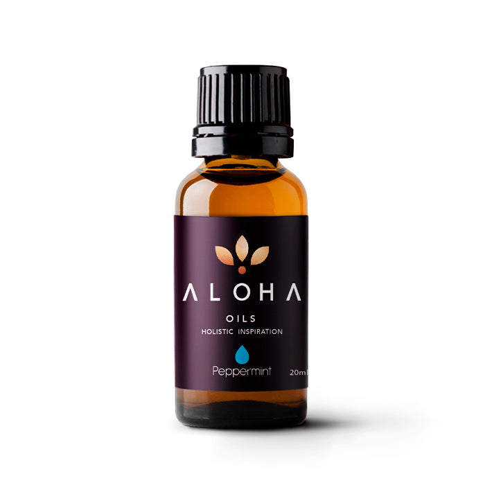 A 20ml amber glass bottle of Aloha Oils Peppermint essential oil with a sleek black cap and a modern purple label featuring the Aloha Oils logo and the tagline 'Holistic Inspiration.'