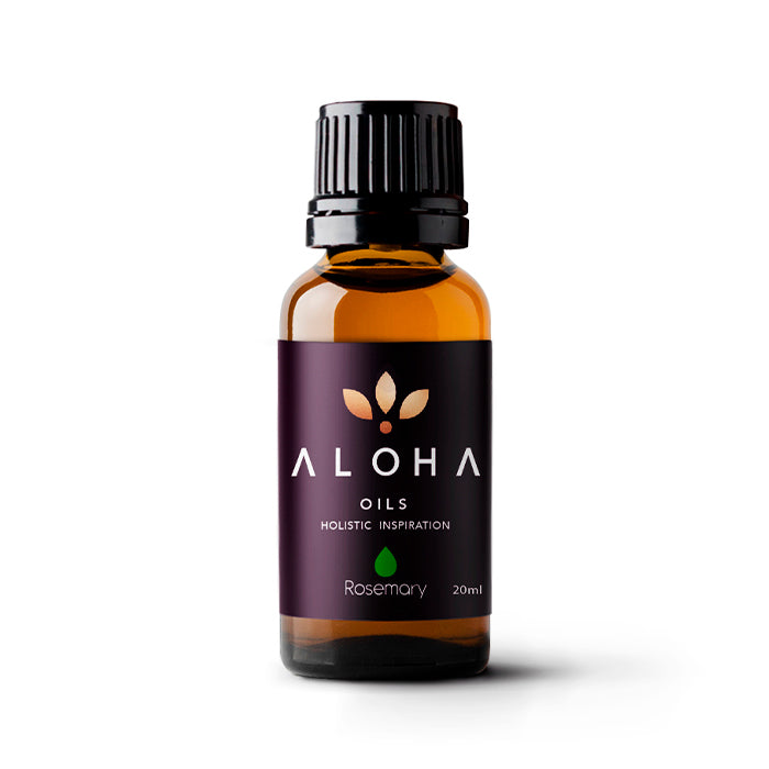 A 20ml amber glass bottle of Aloha Oils Rosemary essential oil with a sleek black cap and a modern purple label featuring the Aloha Oils logo and the tagline 'Holistic Inspiration.'